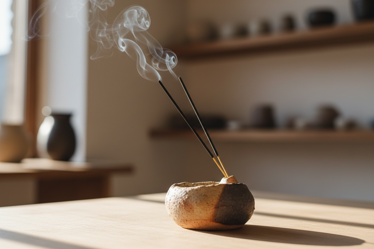 Incienso sobre incensario de cerámica