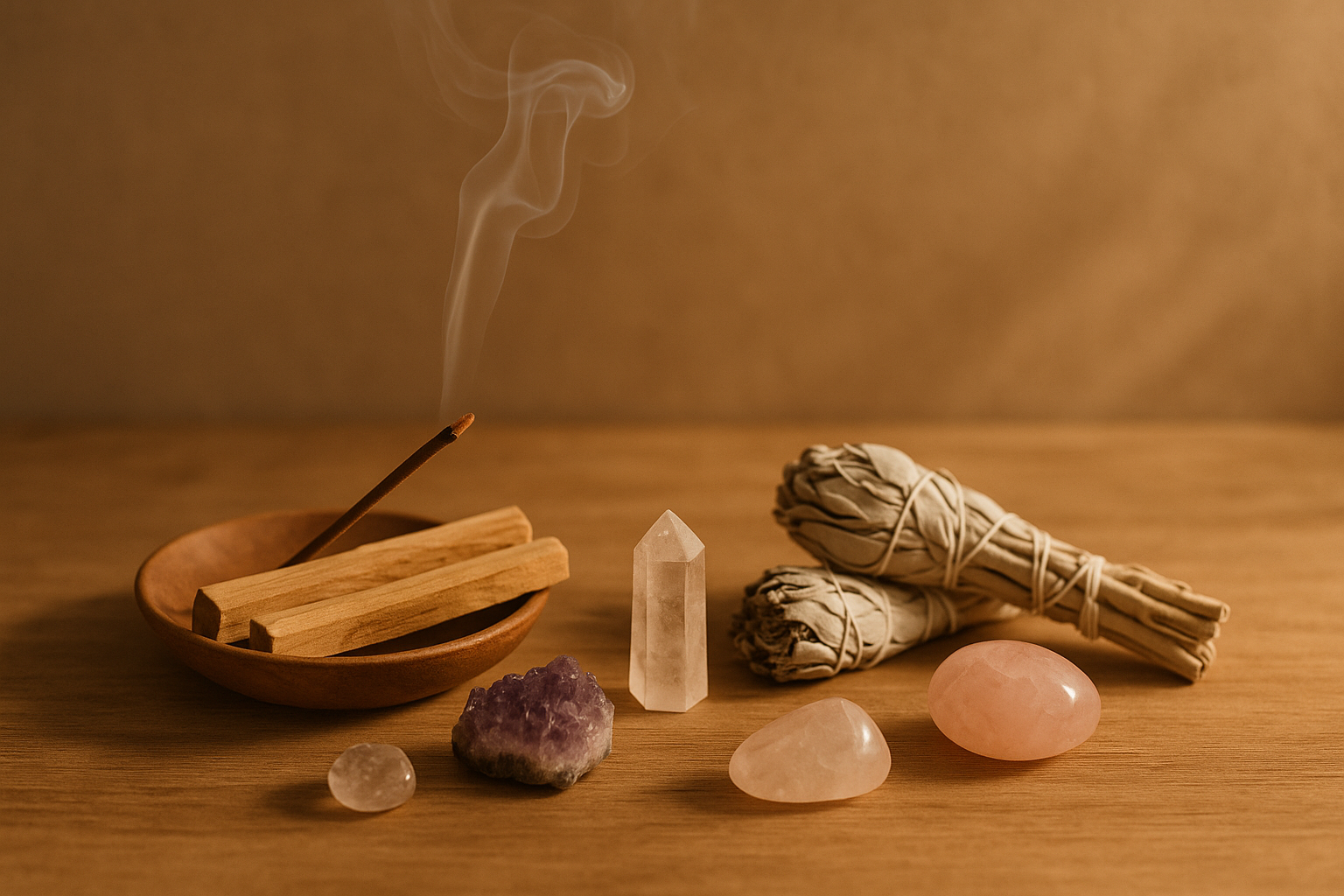 PALO SANTO, INCIENSO, SALVIA BLANCA, MINERALES